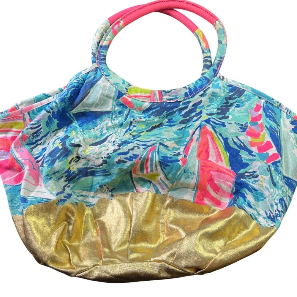 Lilly‎ Pulitzer Sailboat Print Tote Bag Blue Pink Gold Style 25804